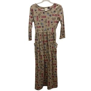 Bobbie Brooks Womens Dress Small Beige Floral Prairie Maxi Long Sleeve Pockets
